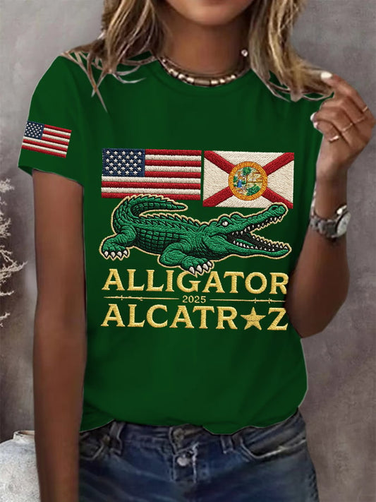 Women's Retro Alligator Alcatraz Funny Florida Everglades Dark Humor Print T-Shirt