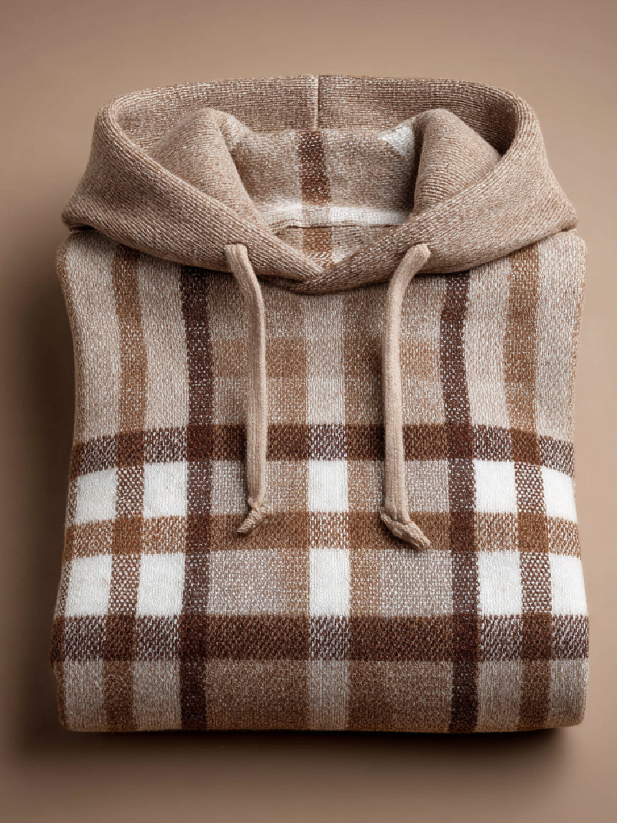 Fall Check Art Print Casual Hooded Knit Sweater