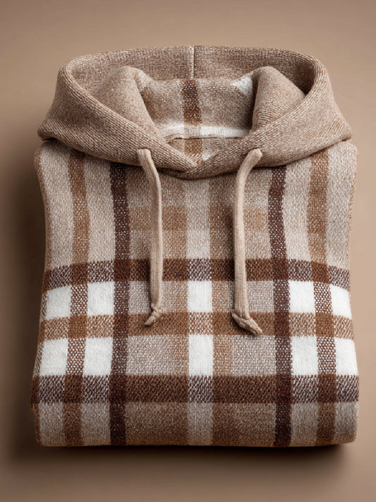 Fall Check Art Print Casual Hooded Knit Sweater