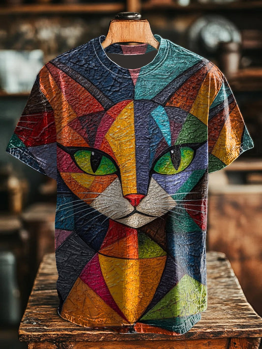 Unisex Geometric Cat Art Illustration Printed Crew Neck Casual T-Shirt