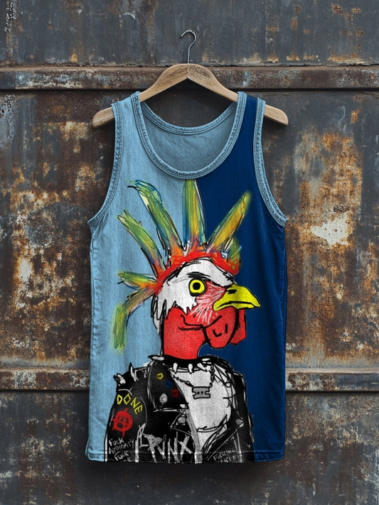 Unisex Rooster Art Illustration Printed Round Neck Casual Tank Top