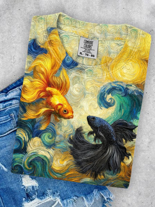 Women's Goldfish Illustration Printed Round Neck Casual T-shirt