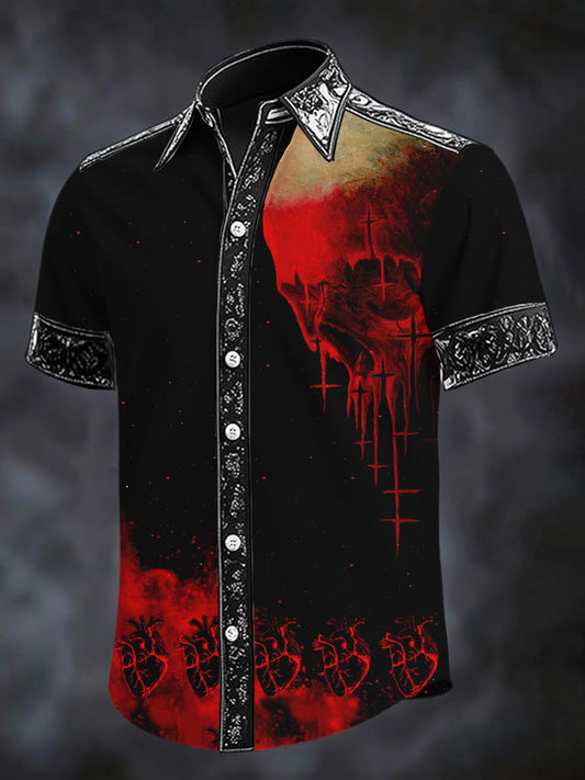 Men's Retro Western Skull and Heart Print Short Sleeve Shirt