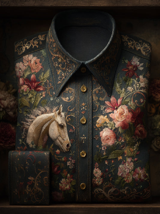 Vintage Horse Art Print Casual Long Sleeve Button-Down Shirt