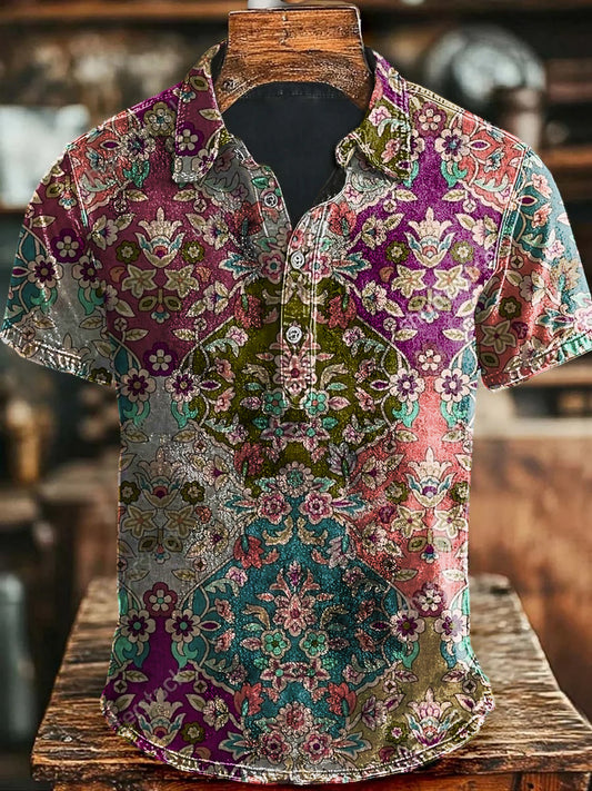 Unisex Vintage Gradient Ethnic Floral Print Casual Polo Shirt
