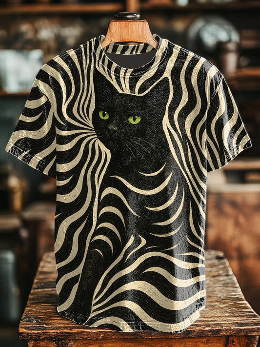 Unisex Striped Cat Art Illustration Printed Crew Neck Casual T-shirt