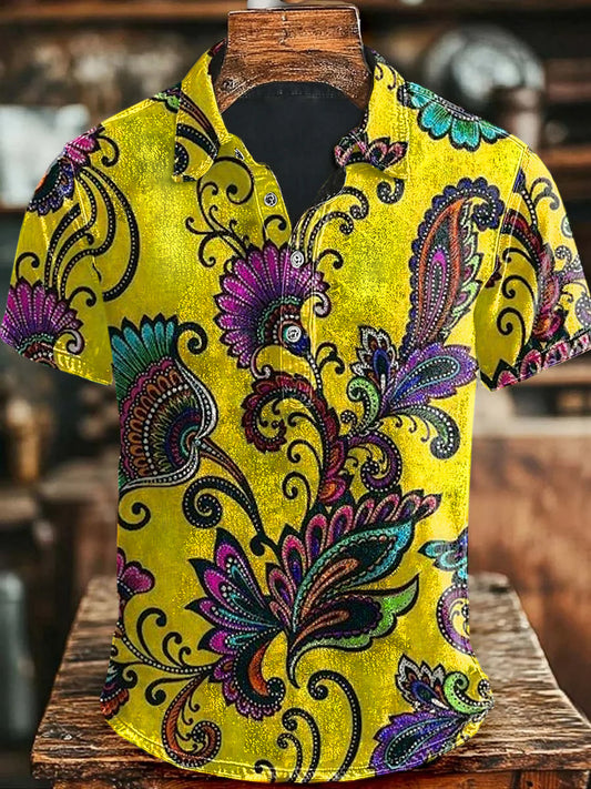 Vintage Abstract Art Floral Print Casaul Short Sleeve Polo Shirt