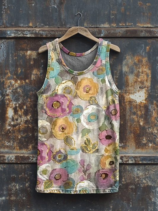 Unisex Abstract Floral Illustration Print Crew Neck Casual Tank Top