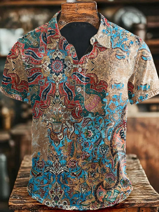 Vintage Art Abstract Colorful Floral Print Casual Polo Shirt