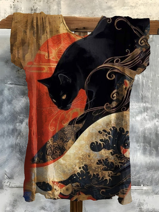 Cat Art Print Casual Crew Neck T-Shirt