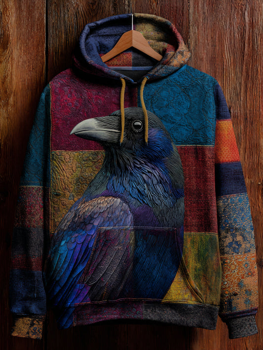 Vintage Crow Print Art Casual Hoodie