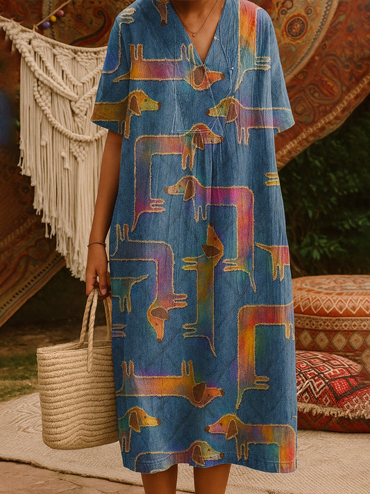 Funny Dachshund Puppy Art Print V Neck Pocket Cotton Dress