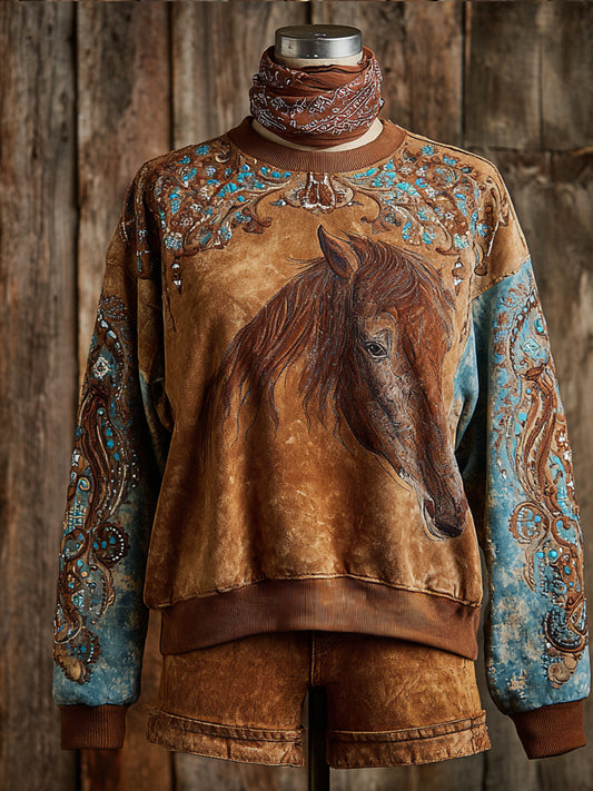 Retro Western Art Horse Floral Print Casual Sweatshirt