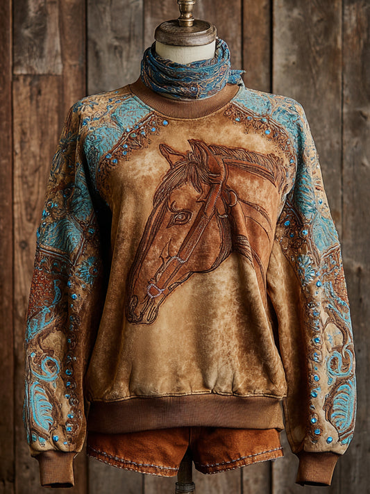 Retro Western Art HorseFloral Print Casual Sweatshirt