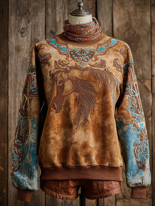 Retro Western Art HorseFloral Print Casual Sweatshirt