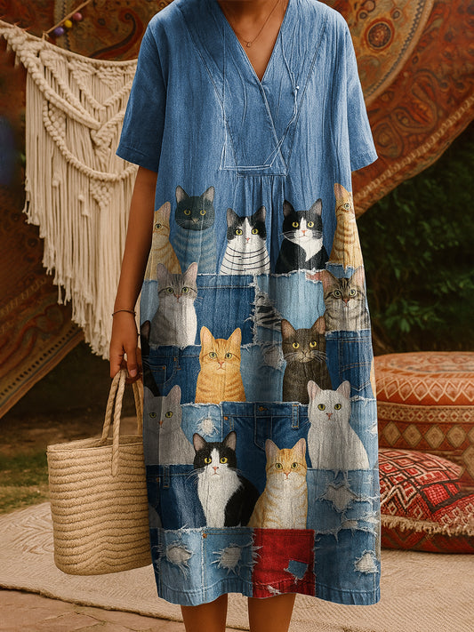Funny Cat Art Print V-Neck Pocket Cotton Dress