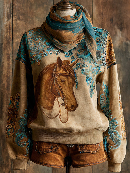 Retro Western Art HorseFloral Print Casual Sweatshirt