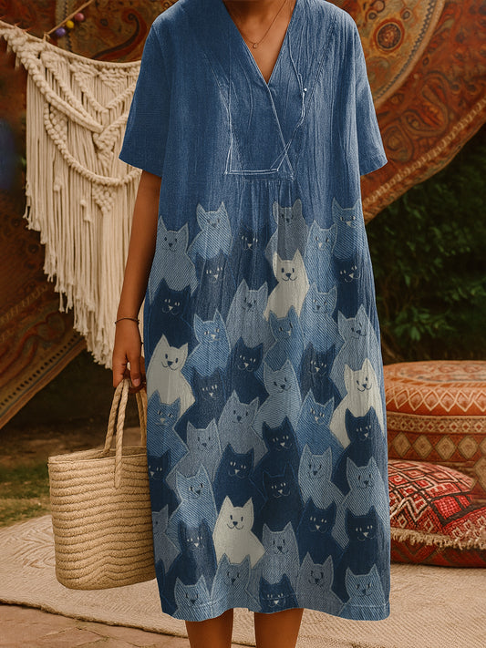 Funny Puppy Art Print V Neck Pocket Cotton Dress