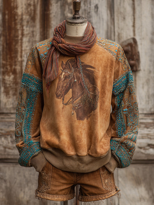 Retro Western Art HorseFloral Print Casual Sweatshirt
