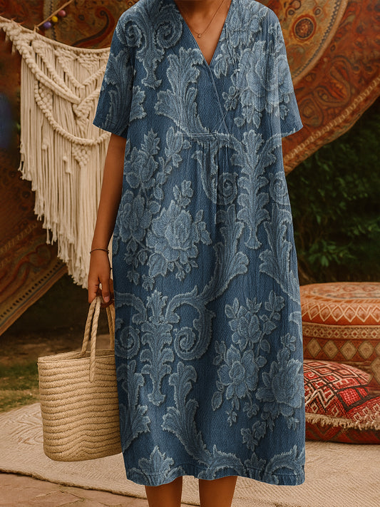 Floral Art Print V Neck Pocket Cotton Dress