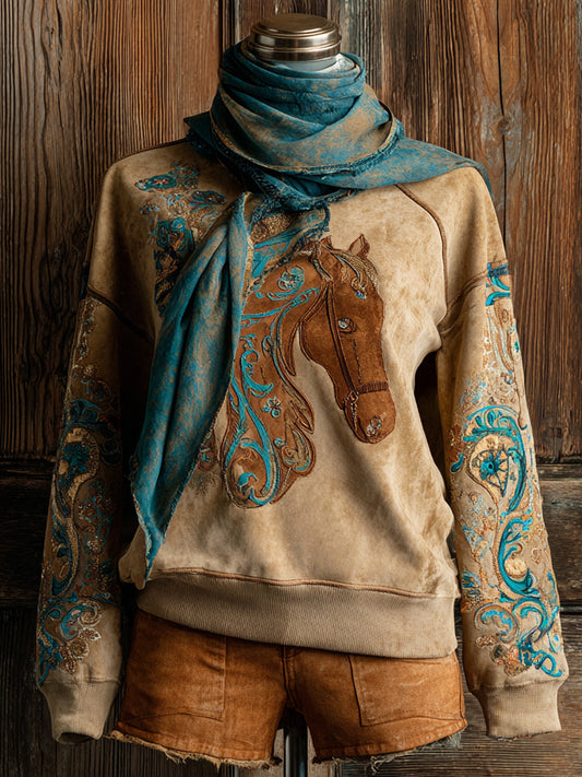 Retro Western Art HorseFloral Print Casual Sweatshirt