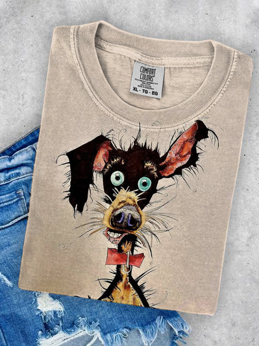 Unisex Abstract Dog Art Illustration Printed Round Neck Casual T-Shirt
