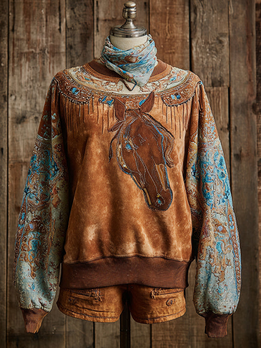 Retro Western Art HorseFloral Print Casual Sweatshirt
