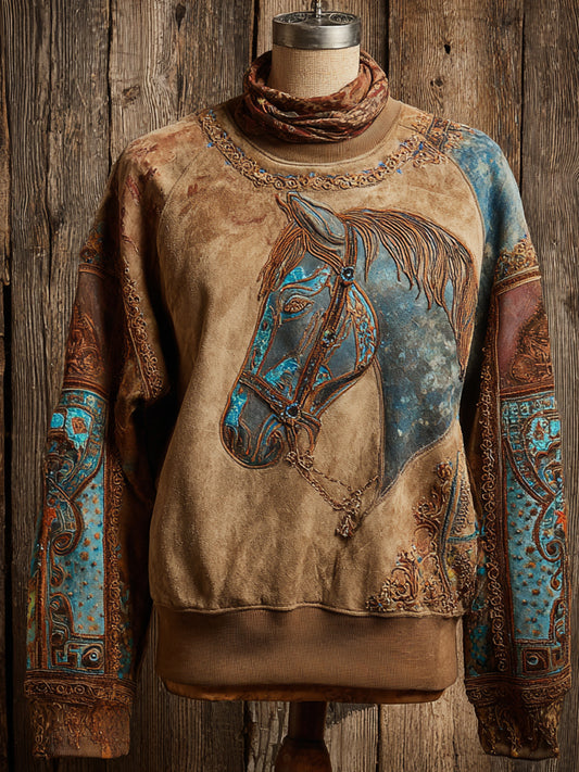 Retro Western Art HorseFloral Print Casual Sweatshirt
