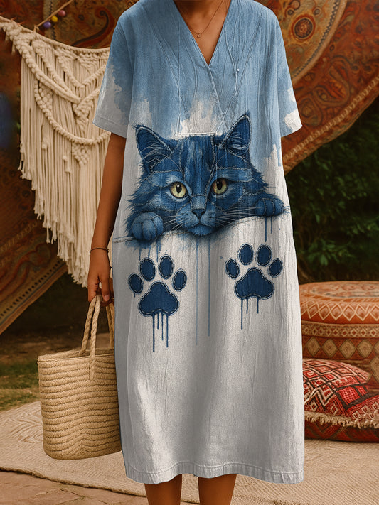 Fun Cat Print V Neck Pocket Cotton Dress
