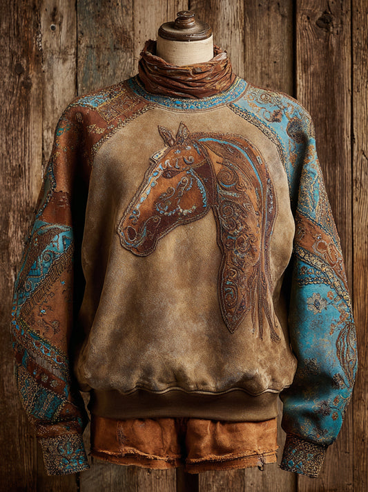 Retro Western Art HorseFloral Print Casual Sweatshirt