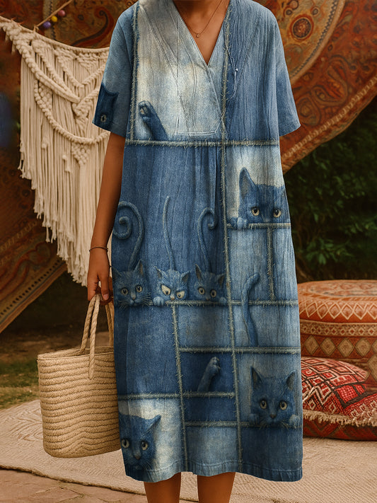 Fun Cat Print V Neck Pocket Cotton Dress