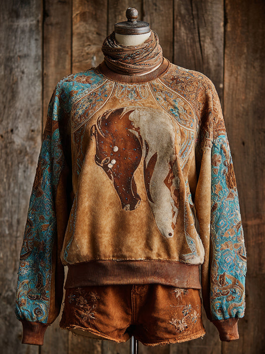 Retro Western Art HorseFloral Print Casual Sweatshirt