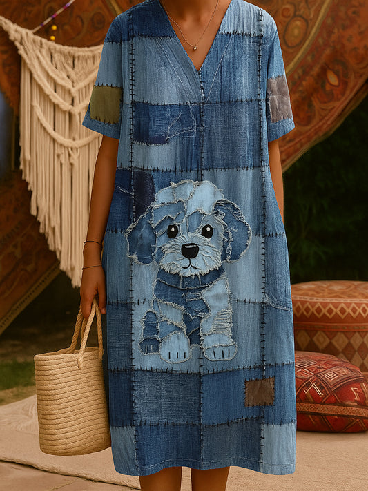 Fun Dog  Print V Neck Pocket Cotton Dress