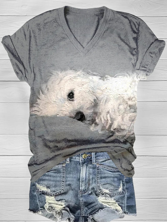 Sleeping Puppy Illustration Printed V-Neck Casual T-shirt