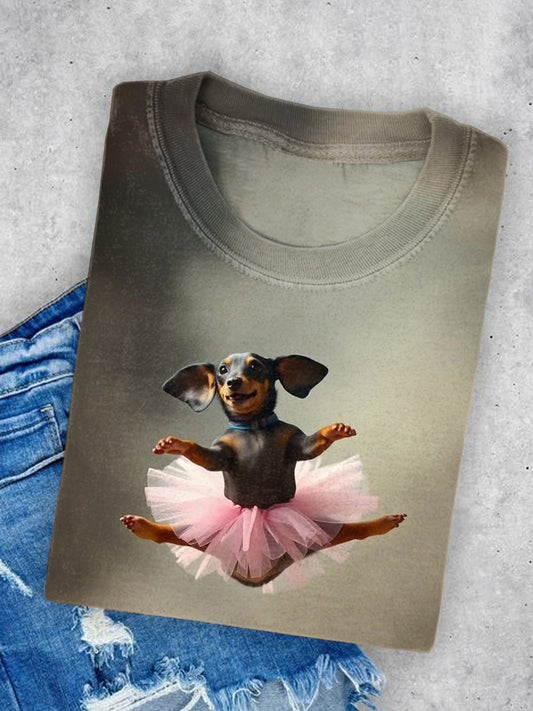 Unisex Puppy Dancing Art Illustration Printed Round Neck Casual T-shirt