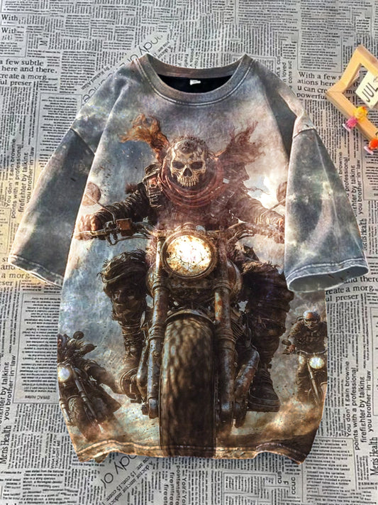 Unisex Motorcycle Skull Art Illustration Round Neck Casual T-shirt