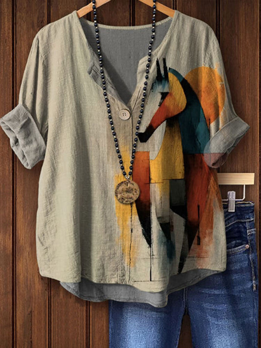 Women's Simple Horse Art Print Casual Cotton Linen Shirt