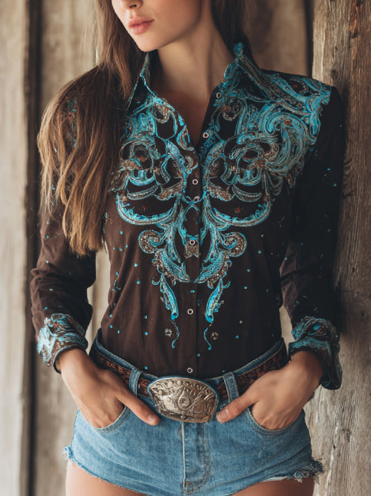 Western Retro Art Print Casual Long Sleeve Shirt