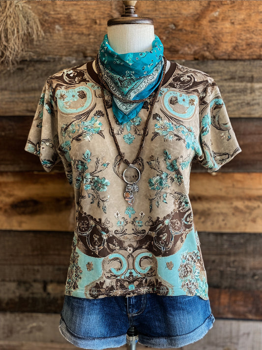 Retro Western Art Illustration Print Casual Short Sleeve T-Shirt