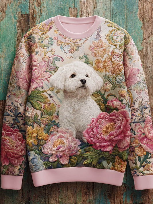 Pink October Dog Floral Art Graphic Print Casual Sweatshirt