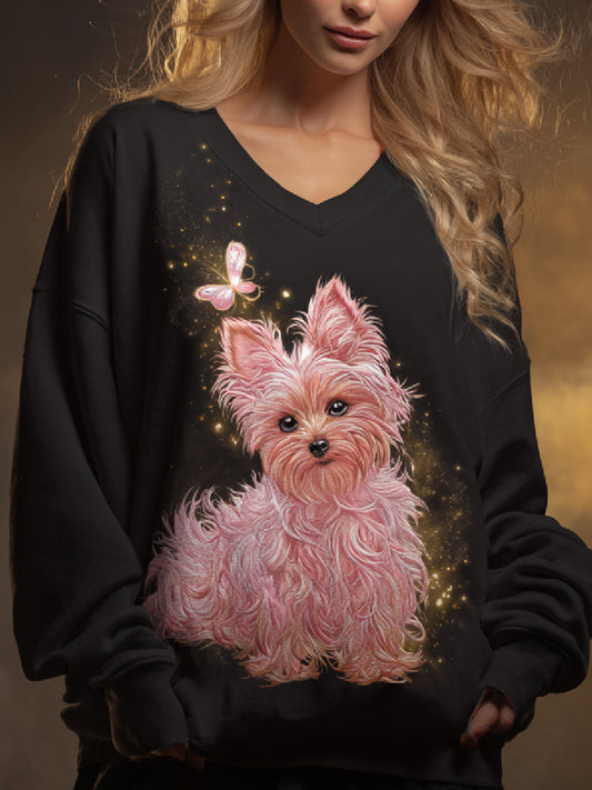 Pink Funny Dog Art Print Casual V-Neck Sweatshirt