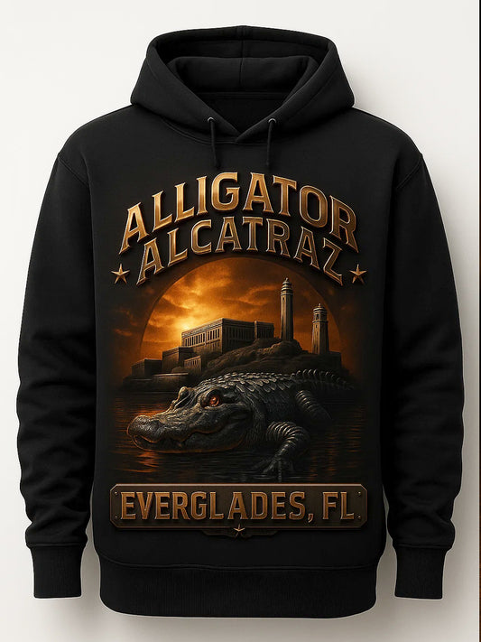 Retro Alligator Alcatraz Funny Florida Everglades Art Casual Hoodie