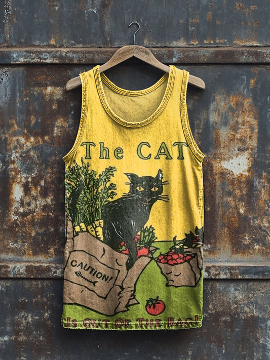 Unisex Cat Print Crew Neck Casual Tank Top