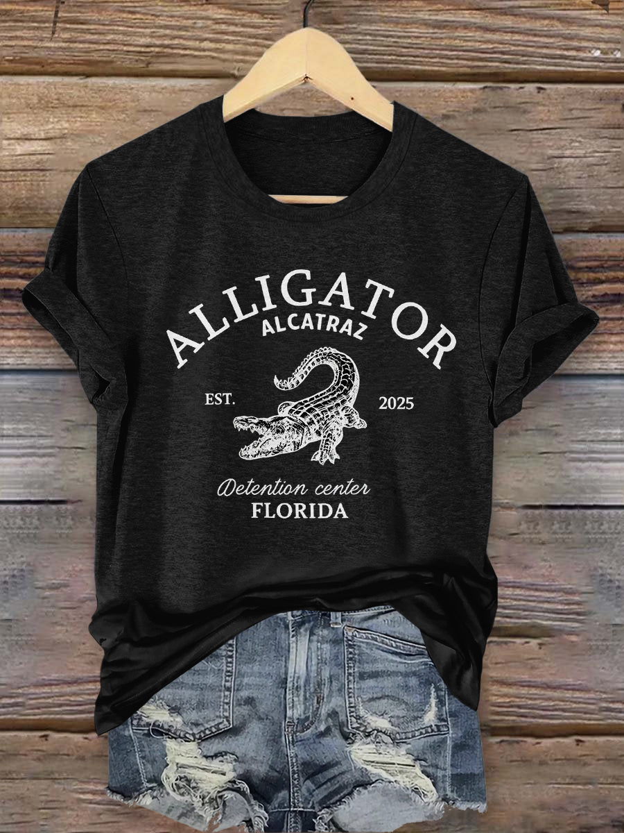 Vintage Alligator Alcatraz Fun Florida Everglades Art Print Casual T-Shirt