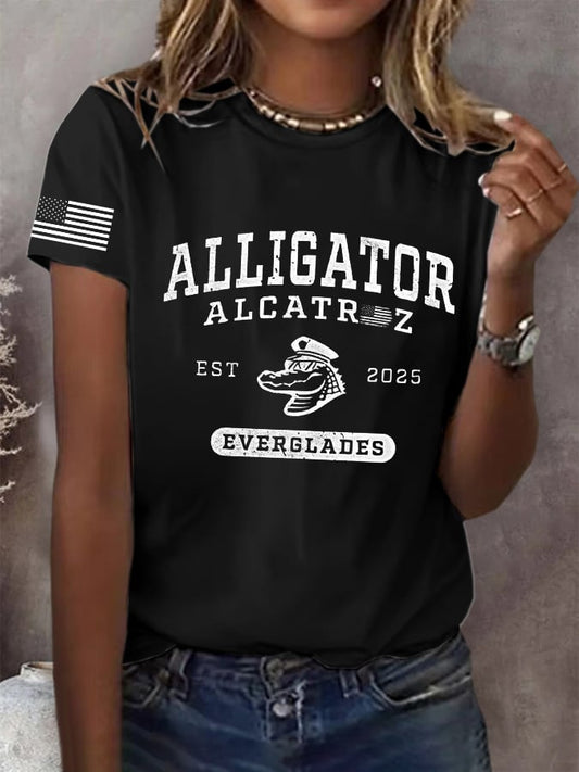 Women's Retro Alligator Alcatraz Funny Florida Everglades Dark Humor Print T-Shirt