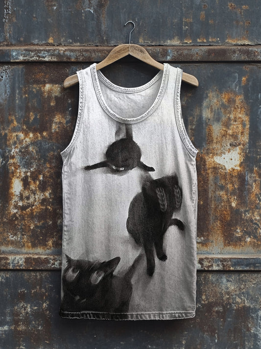 Unisex Abstract Cat Print Crew Neck Casual Tank Top