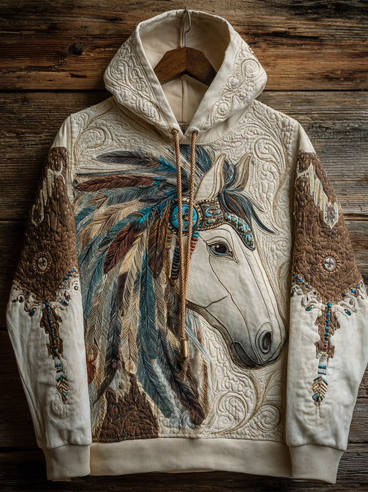 Retro Ethnic Style Patchwork Horse Print Art Casual Hoodie