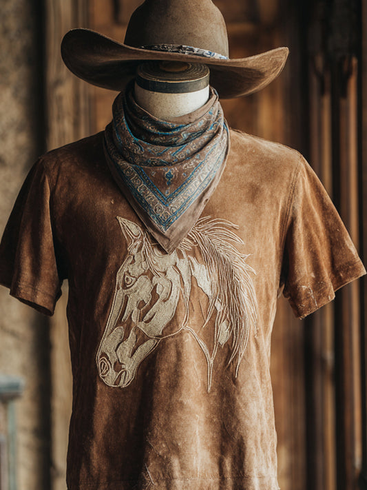 Retro Western Art Illustration Horse Print Casual Short Sleeve T-Shirt