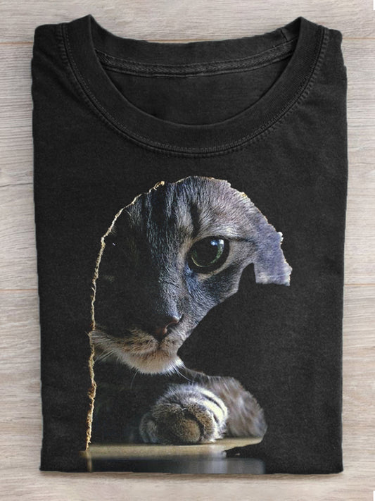 Women's Vintage Cat Art Print Short Sleeve T-Shirt