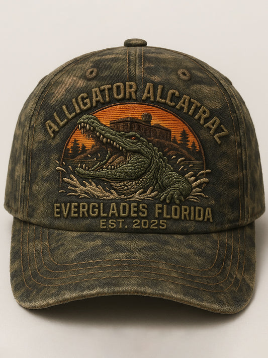 Vintage Alligator Alcatraz Fun Florida Everglades Art Casual Print Hat